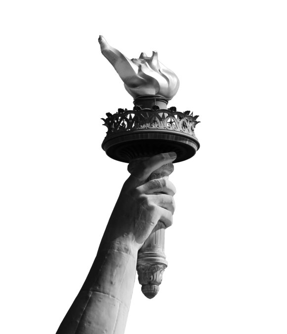 Monochrome image of the Statue of Liberty's hand holding the torch, captured with an atelier touch, isolated against a white background. This striking piece evokes a timeless elegance, perfectly complementing the 2025 Fall collection. - Intercoiffure Canada America