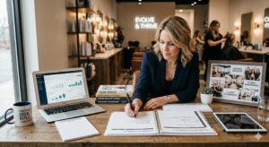 Woman working at a desk with business documents, a laptop displaying charts, and promotional materials for hair styling workshops in a modern office labeled "Evolve & Thrive. - Intercoiffure Canada America