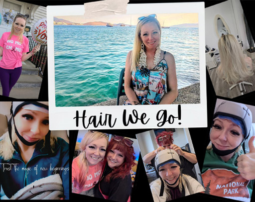 A collage of a woman outdoors by water and inside an ICA Salon, undergoing hair treatment and posing with stylists. Text in the center reads "Hair We go!"—celebrating Cancer Patients Support and beauty beyond boundaries. - Intercoiffure Canada America