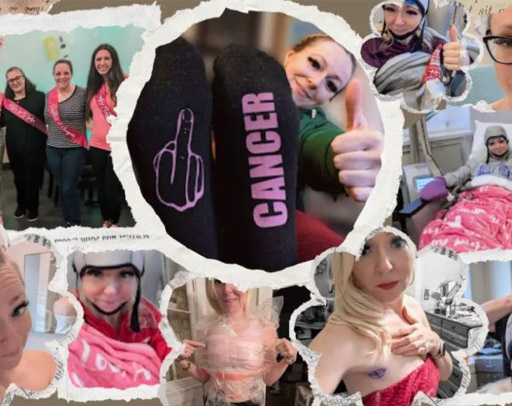 A collage shows a woman during cancer treatment, including wearing a wig cap from ICA Salons, hospital visits, and socks that say "CANCER" with a middle finger image, surrounded by friends and Cancer Patients Support in medical settings. - Intercoiffure Canada America