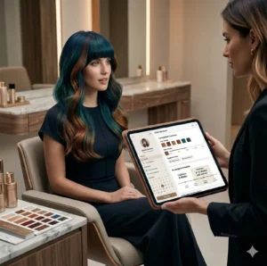 A woman with multicolored hair sits in a salon chair while a stylist shows her hair color options on a tablet, highlighting professional salon industry trends 2026 to help increase salon average ticket. - Intercoiffure Canada America