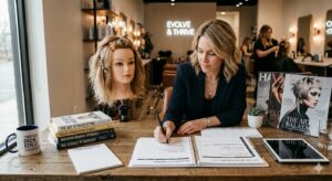 A woman sits at a desk in a salon, writing in a notebook, surrounded by hairstyling books, magazines, a mannequin head, and an iPad—immersed in career development for stylists and professional growth in beauty. - Intercoiffure Canada America