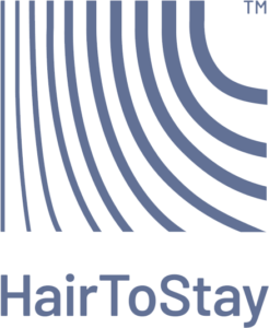 Logo for HairToStay, featuring curved, parallel lines above the organization's name in blue text on a light background. - Intercoiffure Canada America