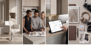 Four-panel image: salon chair, colleagues reviewing a portfolio, person pointing at graphs on a tablet, and a flat lay of office items including a notebook, camera, headphones, and design magazine. - Intercoiffure Canada America