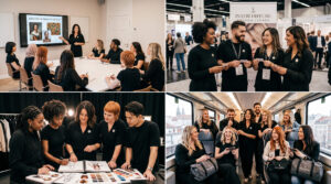 A group of people in black outfits participate in professional activities, including meetings, presentations, and team discussions in various indoor and outdoor settings as they collaborate to build the future and make things happen. - Intercoiffure Canada America