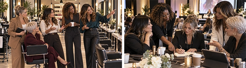 Two images show a group of women in a modern salon: one standing and talking, the other sitting around a table discussing documents—capturing the essence of salon leadership and collaboration often highlighted at pro salon conferences. - Intercoiffure Canada America