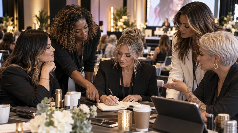 Five women in business attire discuss and write in a notebook at a conference table, with laptops and flowers visible, exemplifying salon leadership and networking for salon owners in a professional setting. - Intercoiffure Canada America